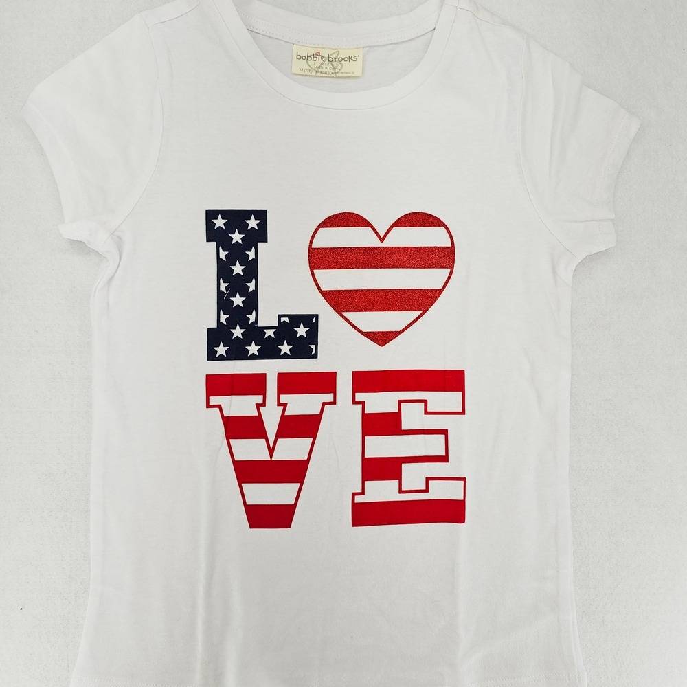 Bobbie Brooks Patriotic Love Graphic Tee‎ Shirt Top USA Flag Stars Girls M 7/8